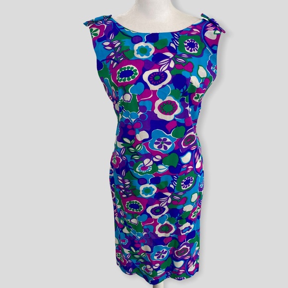 Vintage Dresses & Skirts - Vintage Blue Purple Green White Hawaiian Floral Print Dress with Bow Detail